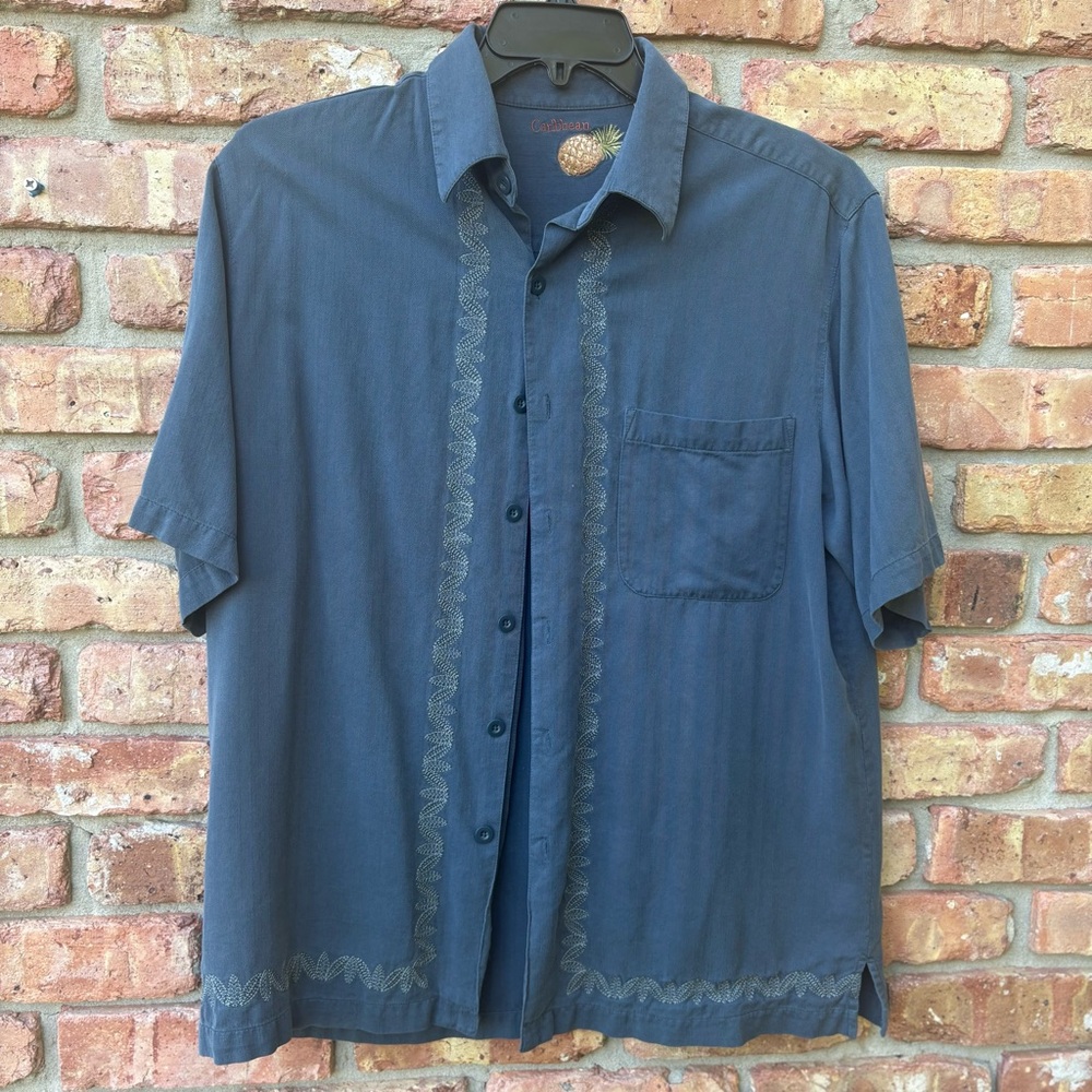 SILK CARIBBEAN DUSTY BLUE TROPICAL EMBROIDERED RESORT SUMMER BUTTON UP POCKET